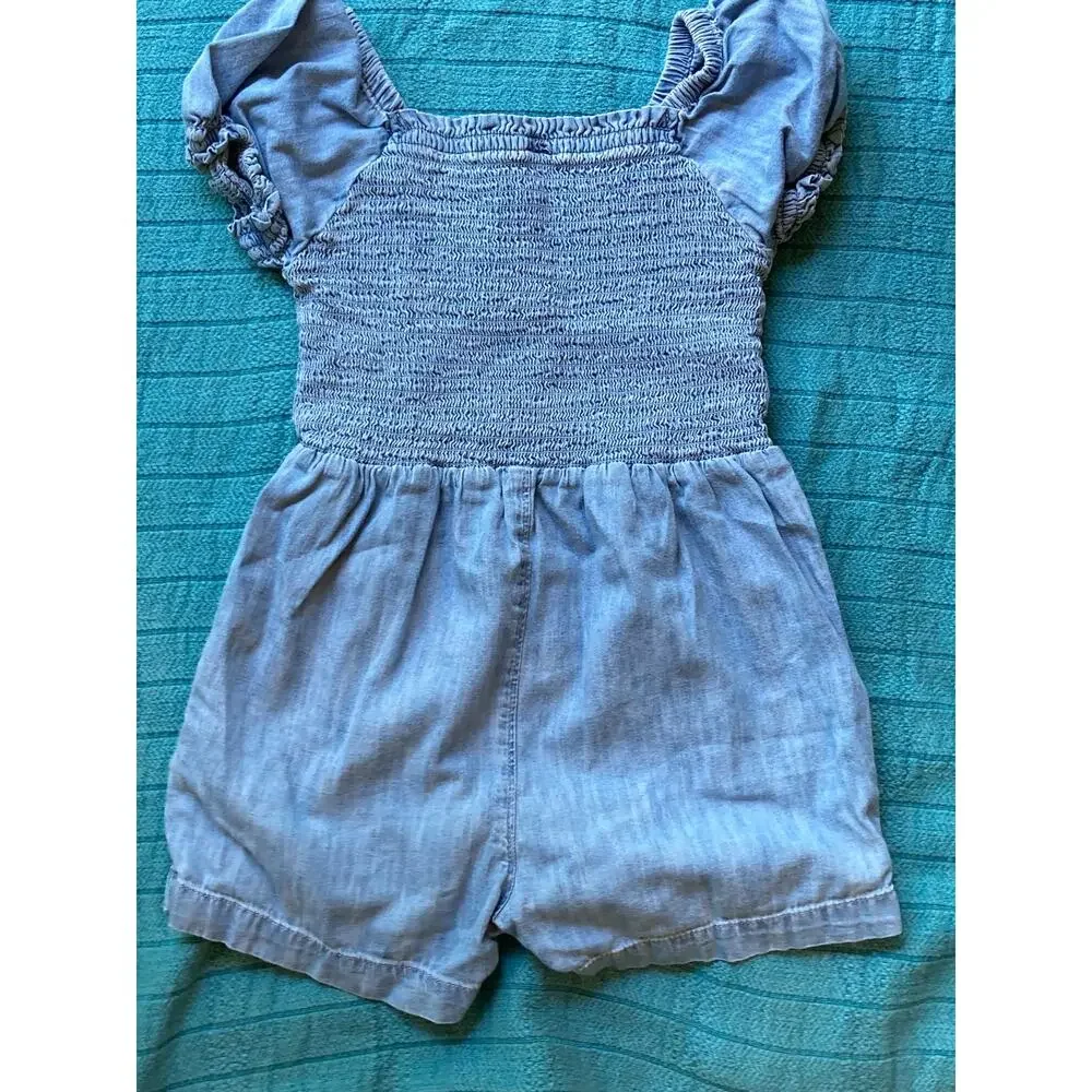 Gap Sz S Girls Denim Romper Sweet Smocked Puff Sleeves Adorable